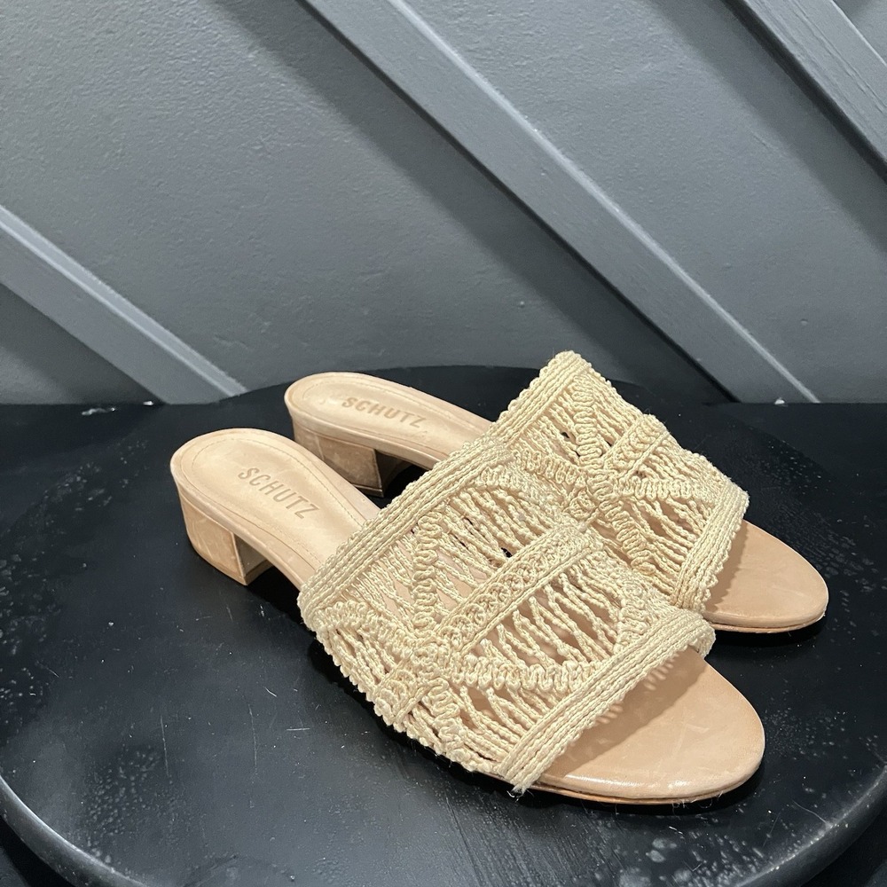 Schutz Women's 9B Beige Crochet Macrame Slide Sandals Block Heel Leather Sole